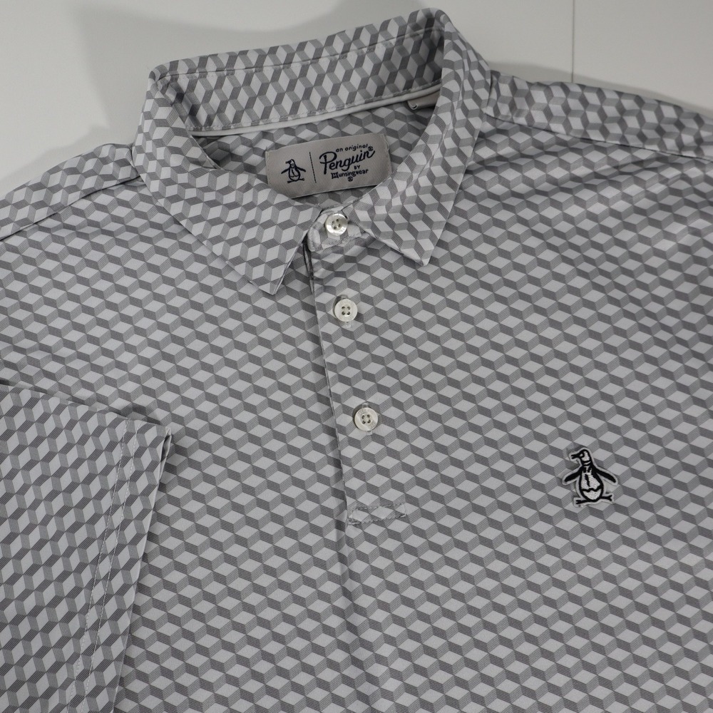 Original Penguin Mens Grey Geometric Cube Print Short Sleeve Polo Shirt Size M